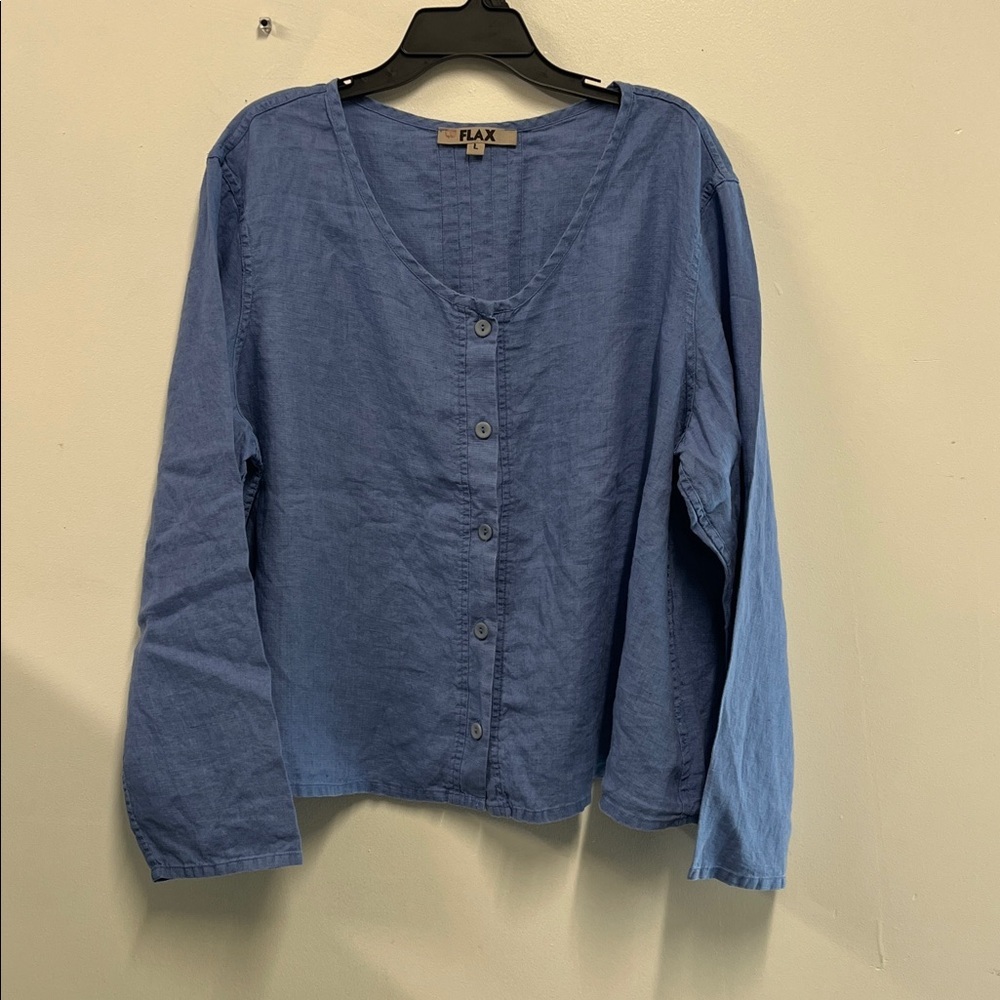 FLAX Linen Layering Top Stormy Blue 100% Linen Blazer Lagenlook Oversized L NEW